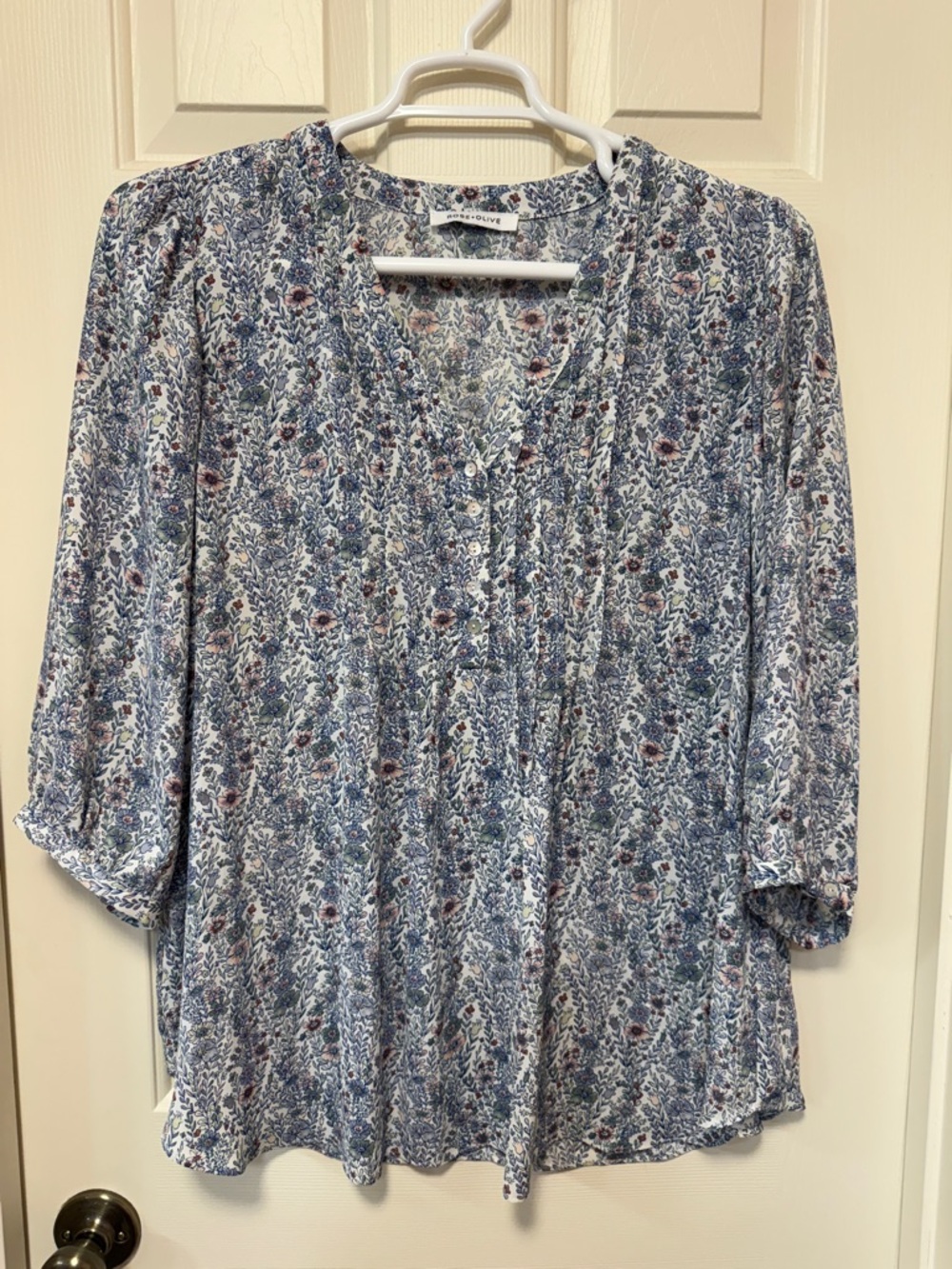 Rose & Olive Blue Floral Pintuck Peasant Top